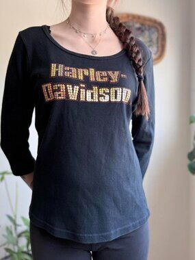 Vintage Y2K Gold holographic Harley Davidson black 3/4 sleeve shirt
